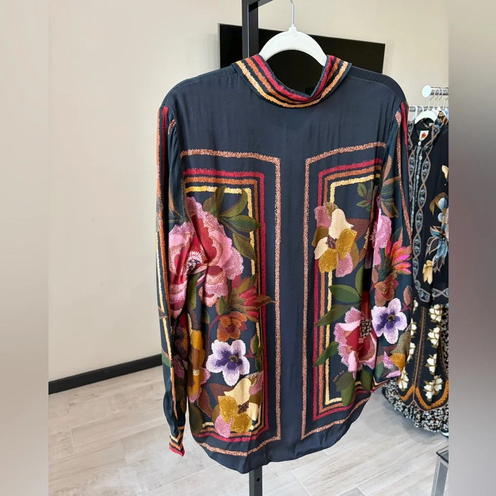 Farm Rio: Farm Rio Black Chenille Flowers Shirt - Picture 11 of 15
